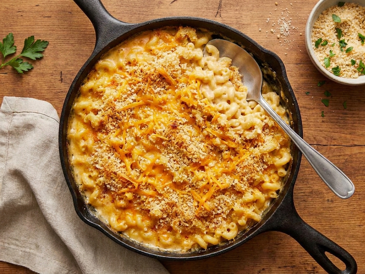 A bubbling cast iron skillet of smoked mac and cheese with a golden breadcrumb topping on a warm wooden table, soft natural kitchen lighting