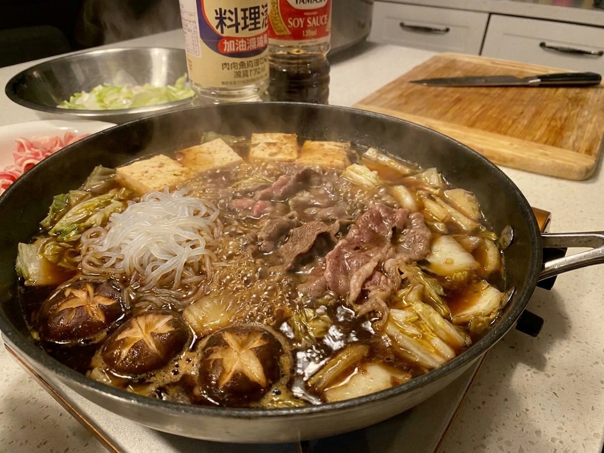 A bubbling cast iron skillet of sukiyaki with thinly sliced beef, tofu cubes, napa cabbage, mushrooms, and glass noodles in a glossy soy-based broth on a stovetop