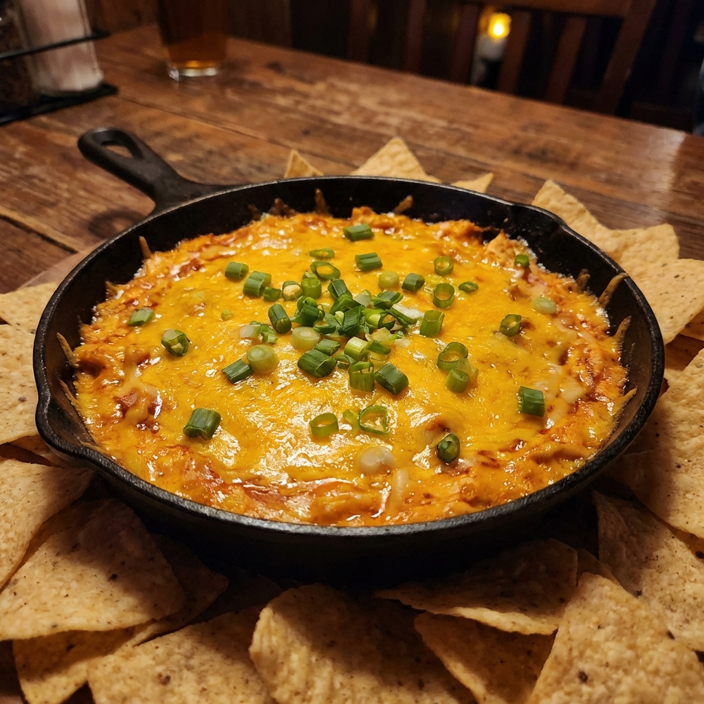 A bubbling cast iron skillet of sweet and spicy buffalo chicken dip with golden melted cheese and chopped green onions on top, surrounded by tortilla chips on a wooden table