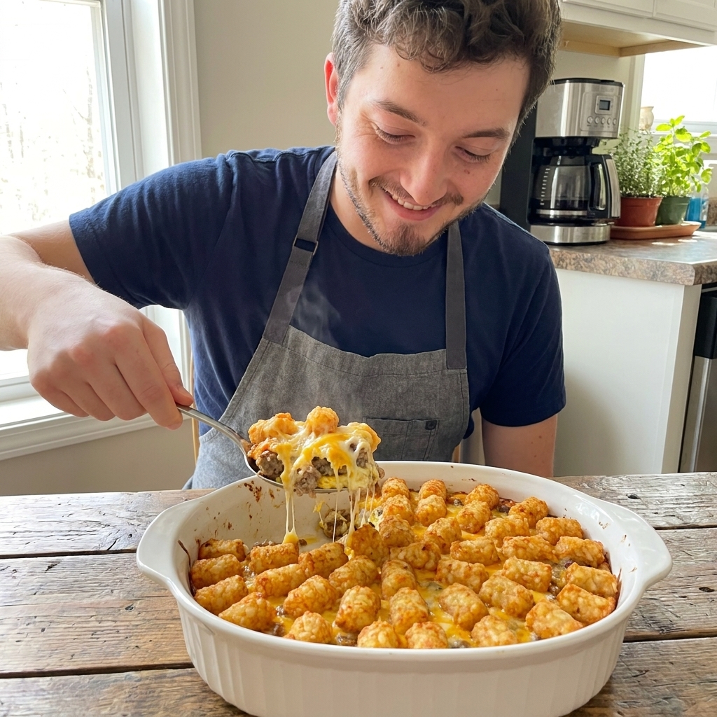 A bubbling cheesy breakfast tater tot casserole in a white baking dish on a wooden table, with golden crisp tater tots on top and a serving spoon scooping out sausage and egg layers, natural window light