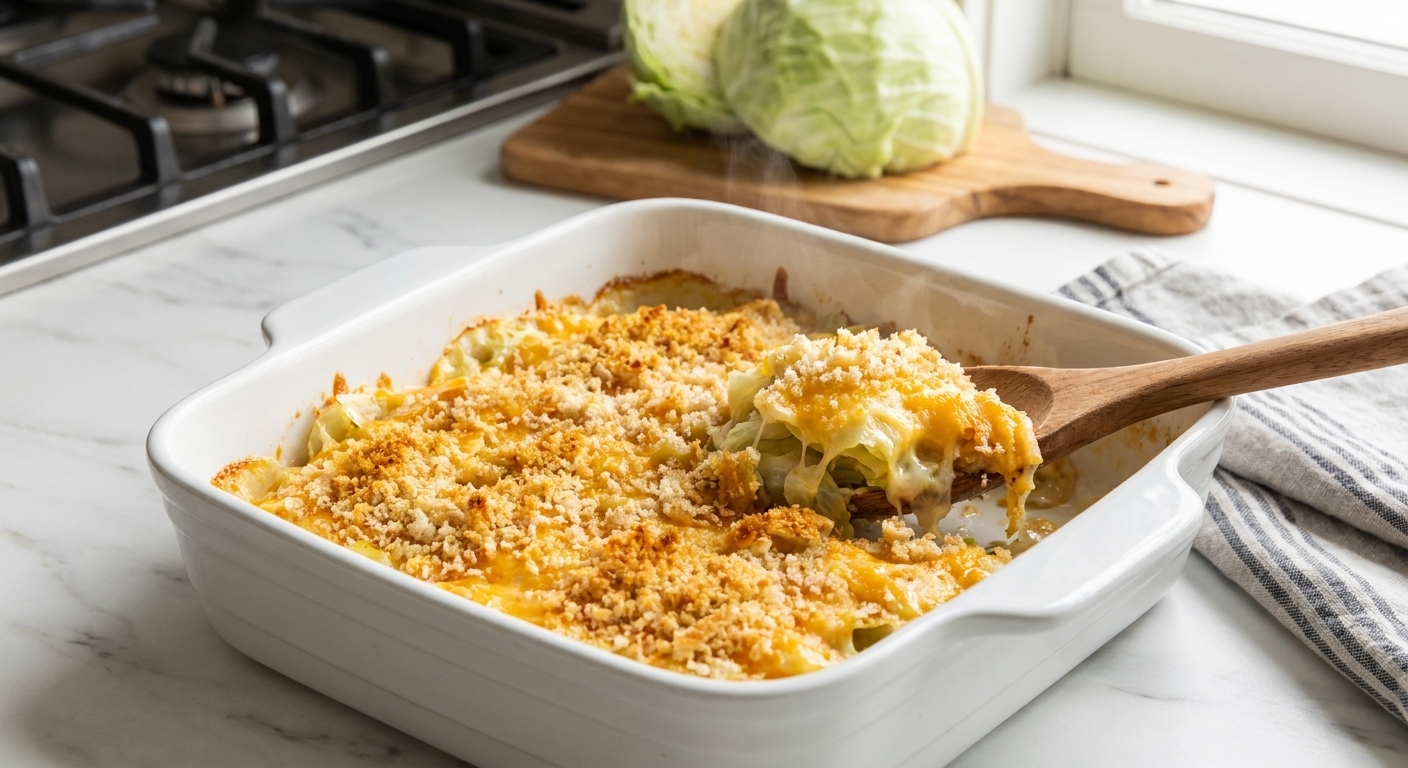 A bubbling cheesy cabbage casserole in a white baking dish with a golden buttery crumb topping, sitting on a neutral stone countertop in a bright home kitchen