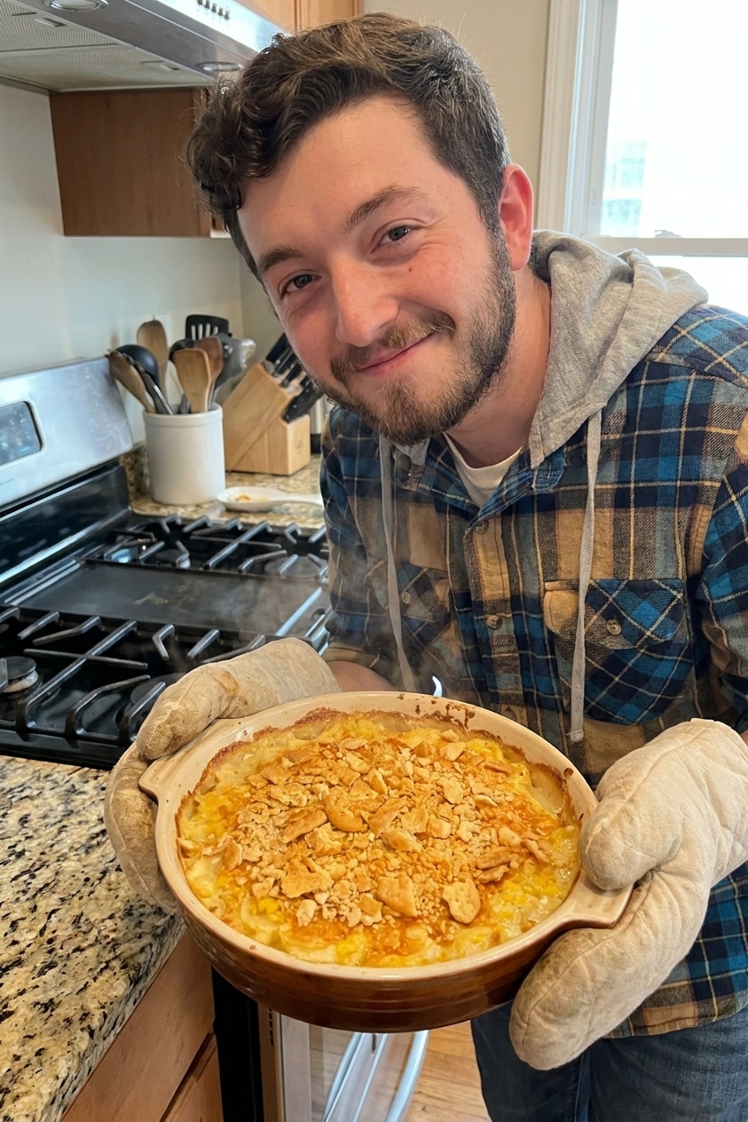 A bubbling cheesy scalloped corn casserole fresh from the oven in a ceramic baking dish, with a golden browned cracker topping, oven mitts visible on a countertop