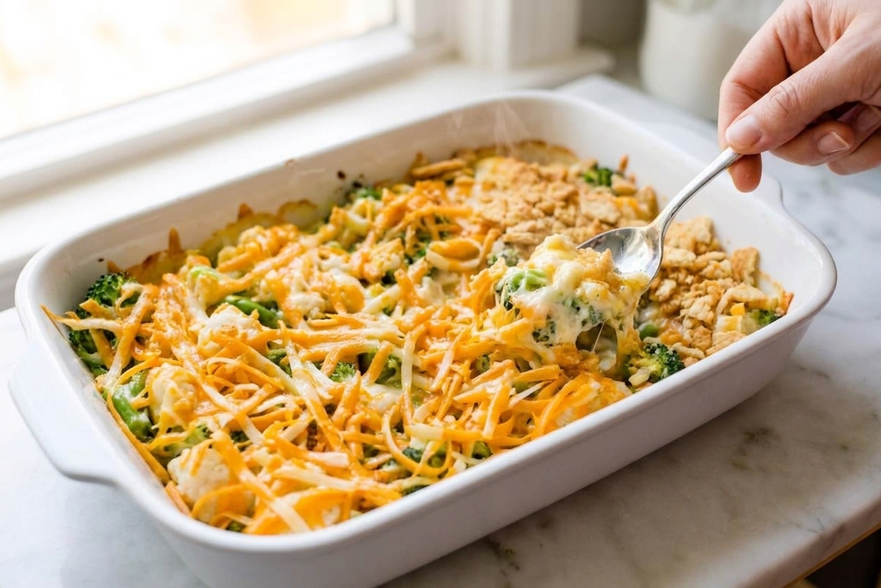 A bubbling cheesy vegetable casserole in a white ceramic baking dish with a golden cracker topping on a light kitchen counter
