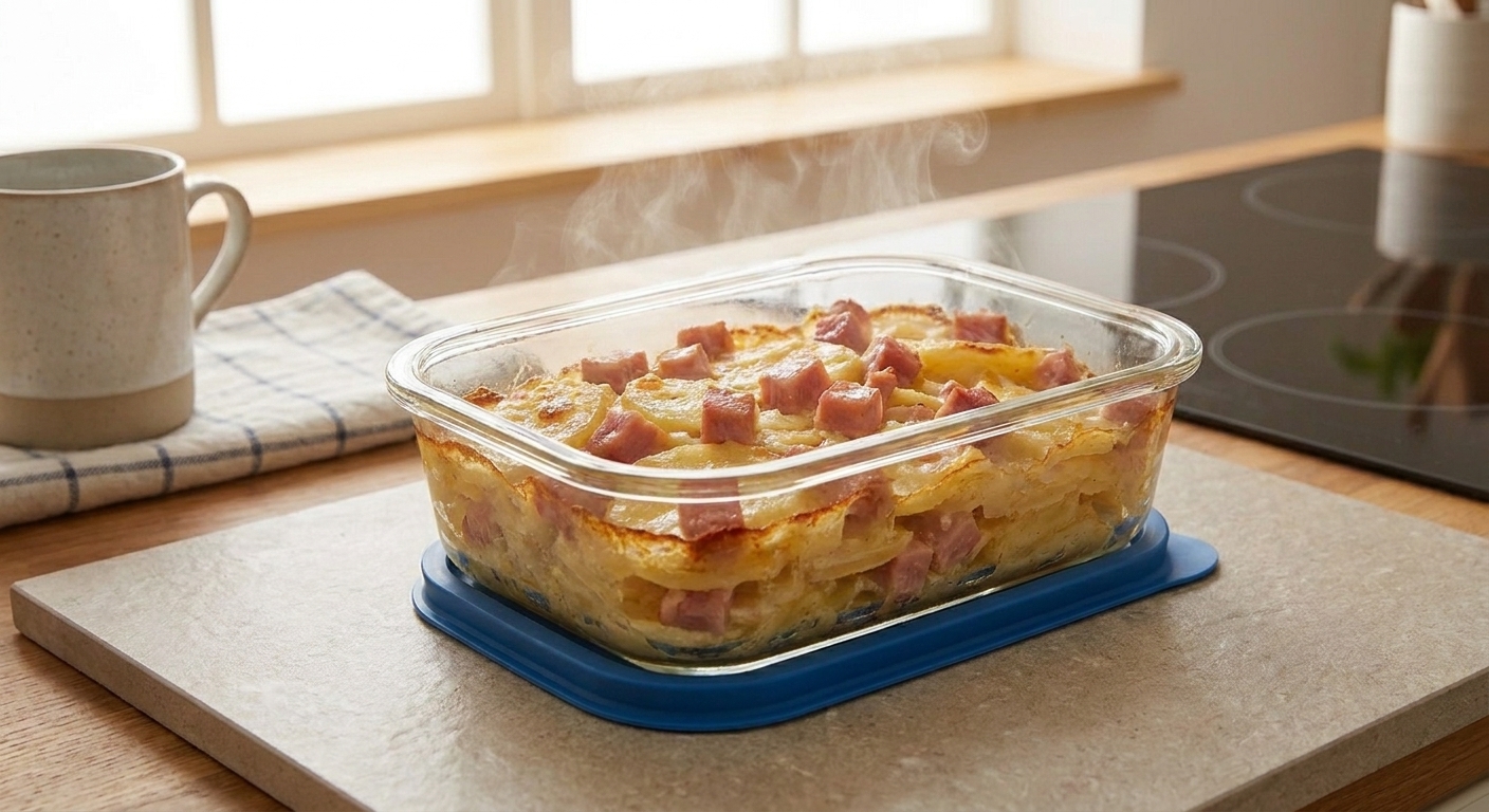 A bubbling dish of scalloped potatoes and ham with a golden browned top fresh from the oven on a neutral stone countertop