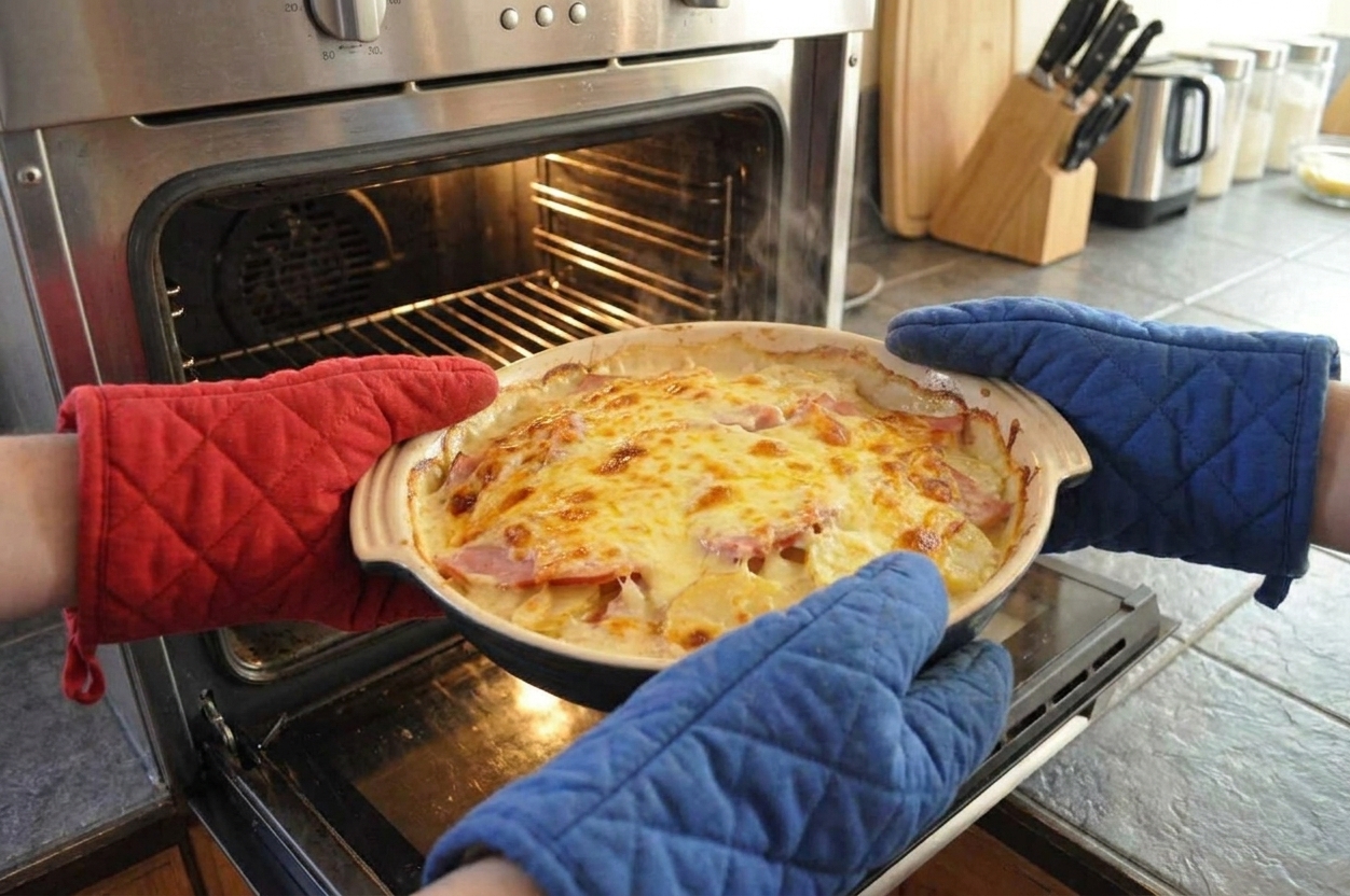 A bubbling ham and scalloped potatoes casserole in a baking dish being pulled from the oven with oven mitts