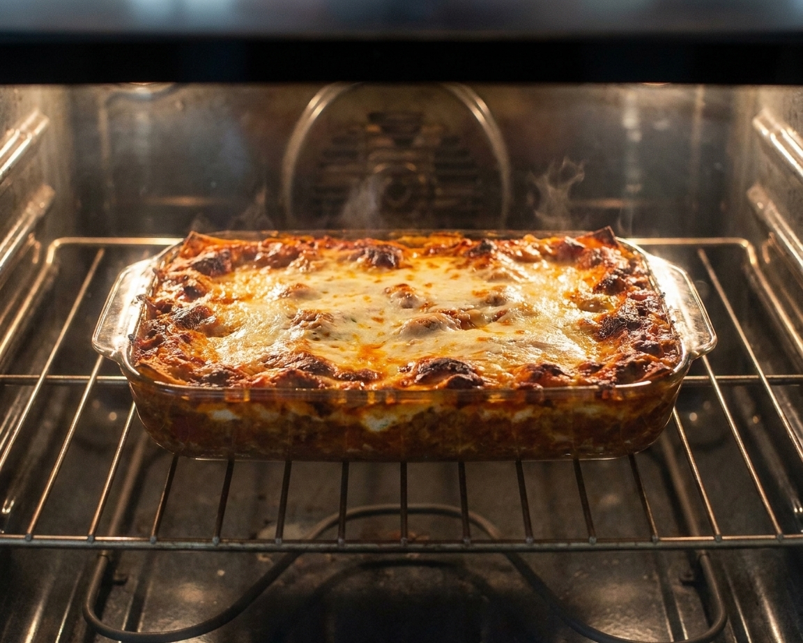 A bubbling lasagna in a baking dish on an oven rack with browned mozzarella on top