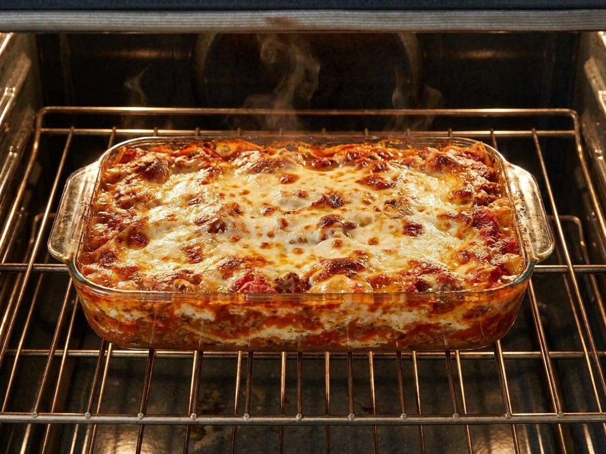 A bubbling lasagna in a baking dish on an oven rack with melted cheese browned on top