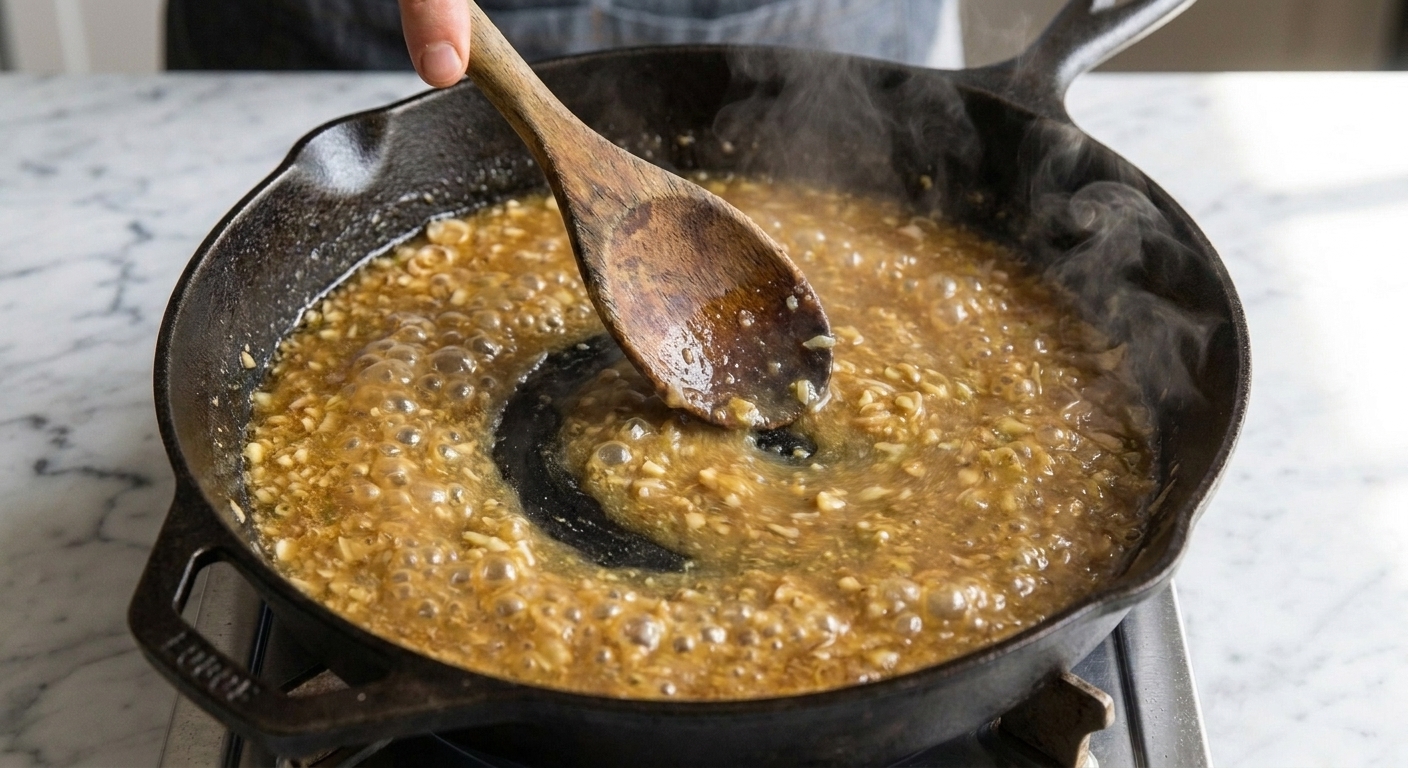 A bubbling lemongrass garlic sauce simmering in the skillet as it is stirred with a wooden spoon