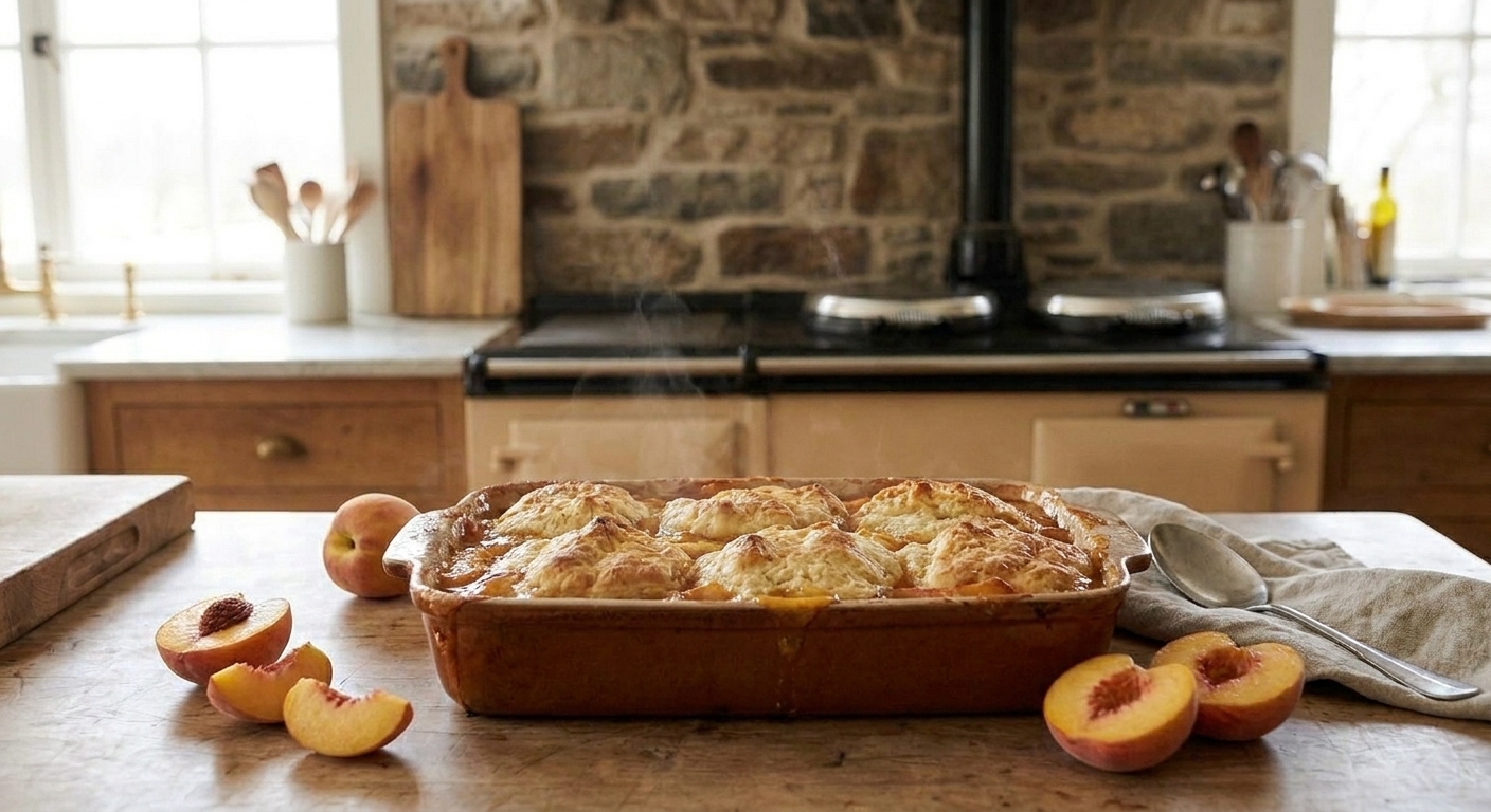 A bubbling peach cobbler in a rustic baking dish with golden biscuit topping and juicy peaches visible around the edges on a sunlit kitchen counter