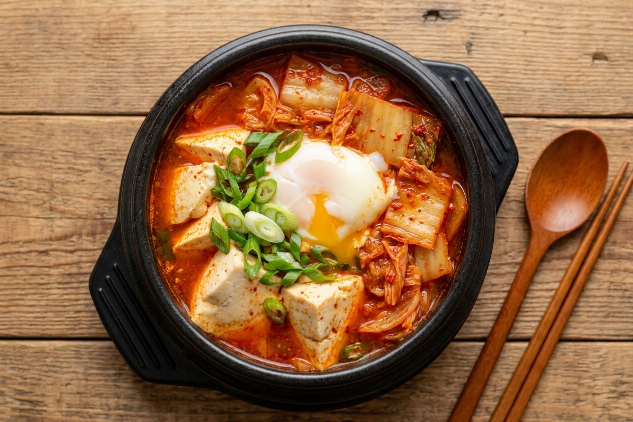 A bubbling pot of soondubu jjigae with extra-soft tofu, kimchi, sliced scallions, and a soft-cooked egg on top, set on a simple wooden table with a spoon and chopsticks