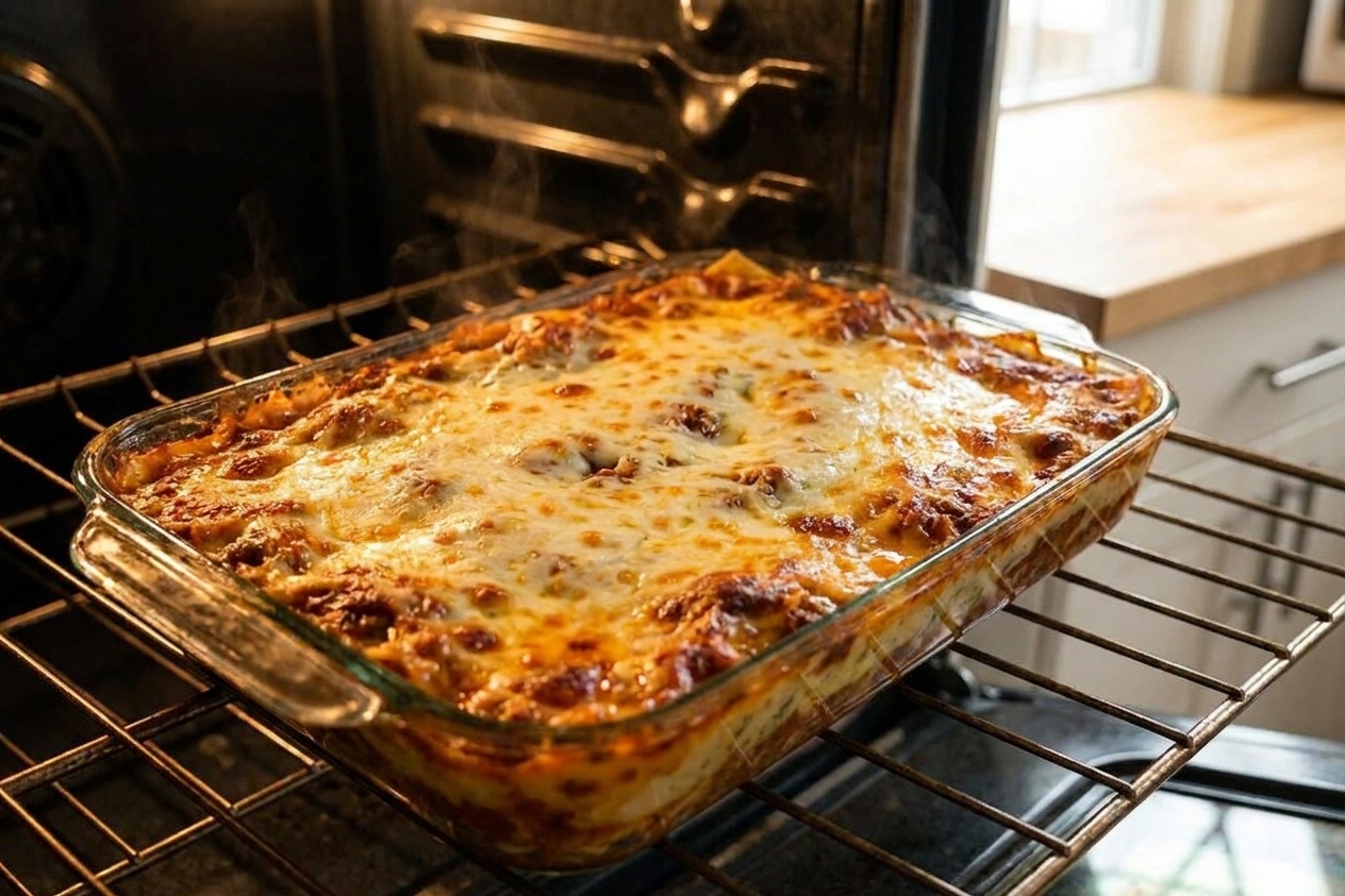 A bubbling ricotta lasagna in a baking dish sitting on an oven rack with browned melted cheese on top