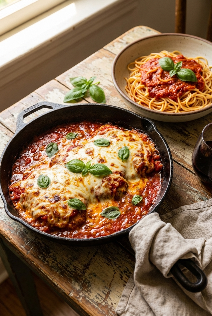 A bubbling skillet of chicken parmesan with melted mozzarella and basil on top, served with spaghetti on a rustic wooden table