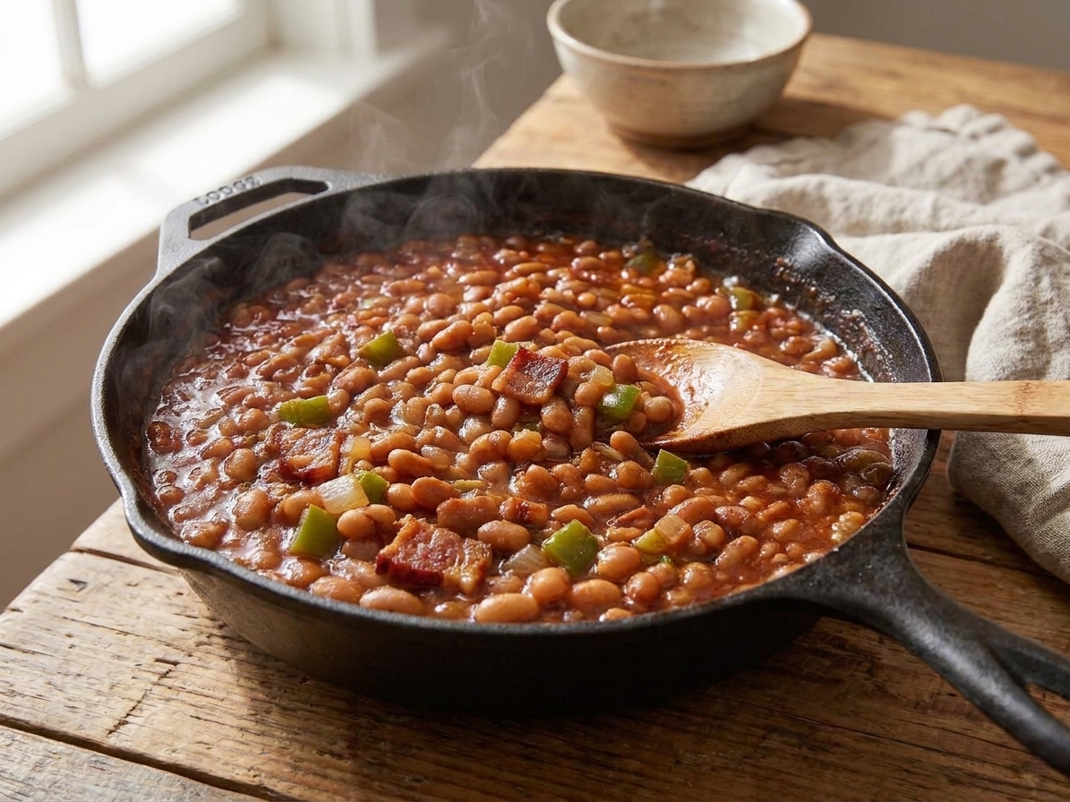 A bubbling skillet of cowboy baked beans with bacon pieces and a glossy barbecue sauce finish on a warm kitchen counter
