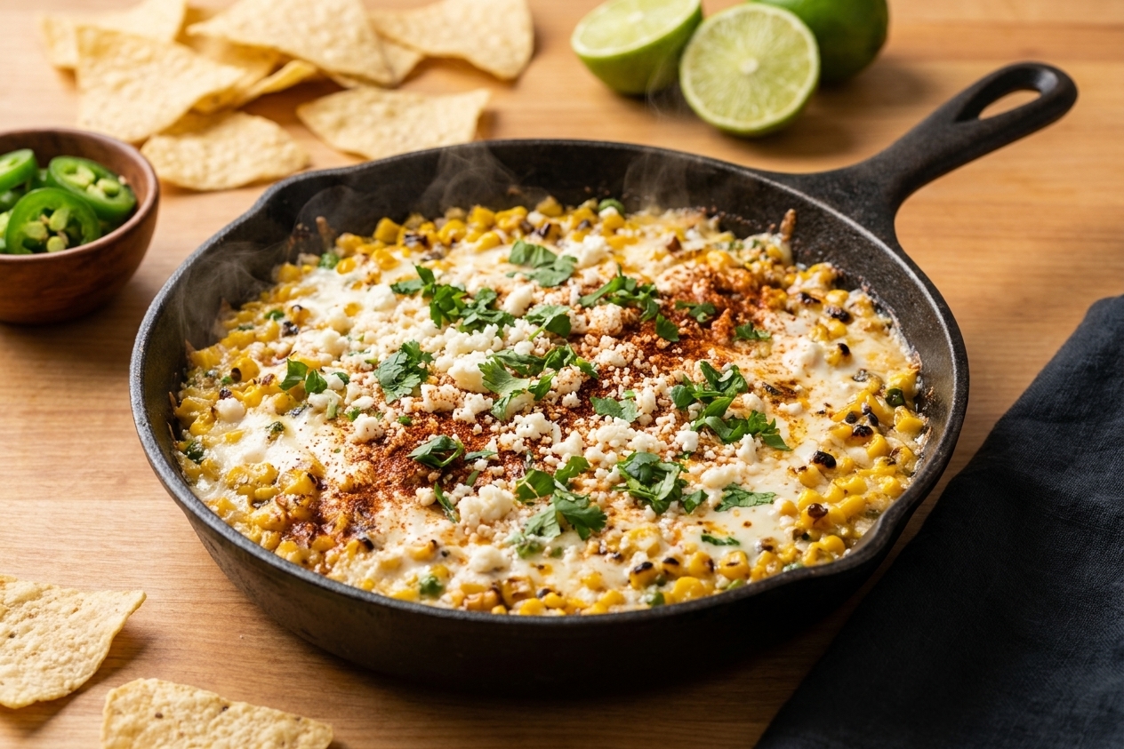 A bubbling skillet of street corn dip topped with crumbled cotija, chopped cilantro, and chili powder on a warm kitchen counter