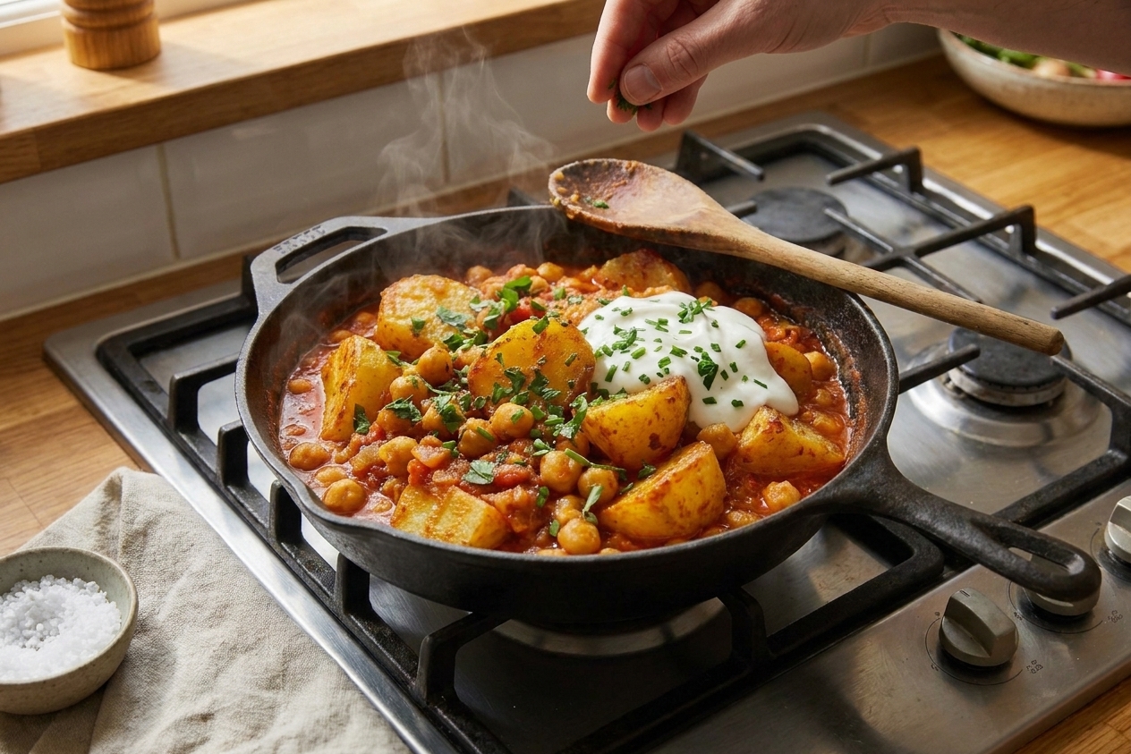 A bubbling skillet of tomato sauce with crisp-edged potatoes and chickpeas, finished with herbs and a spoonful of yogurt on top, on a warm kitchen counter