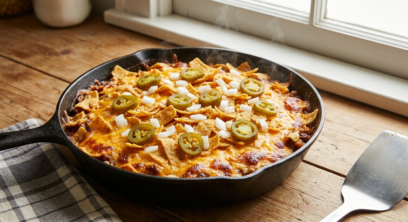 A bubbling skillet-style casserole of frito pie walking taco bake with crushed corn chips, chili, melted cheddar, sliced jalapeños, and diced onions on top, photographed on a kitchen counter in natural light