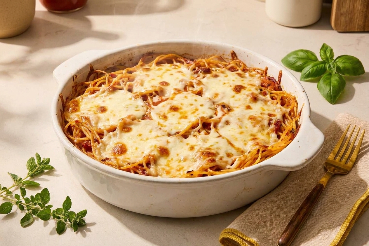 A bubbling spaghetti bake in a white ceramic baking dish with melted mozzarella and golden brown spots on top, sitting on a warm-toned kitchen counter