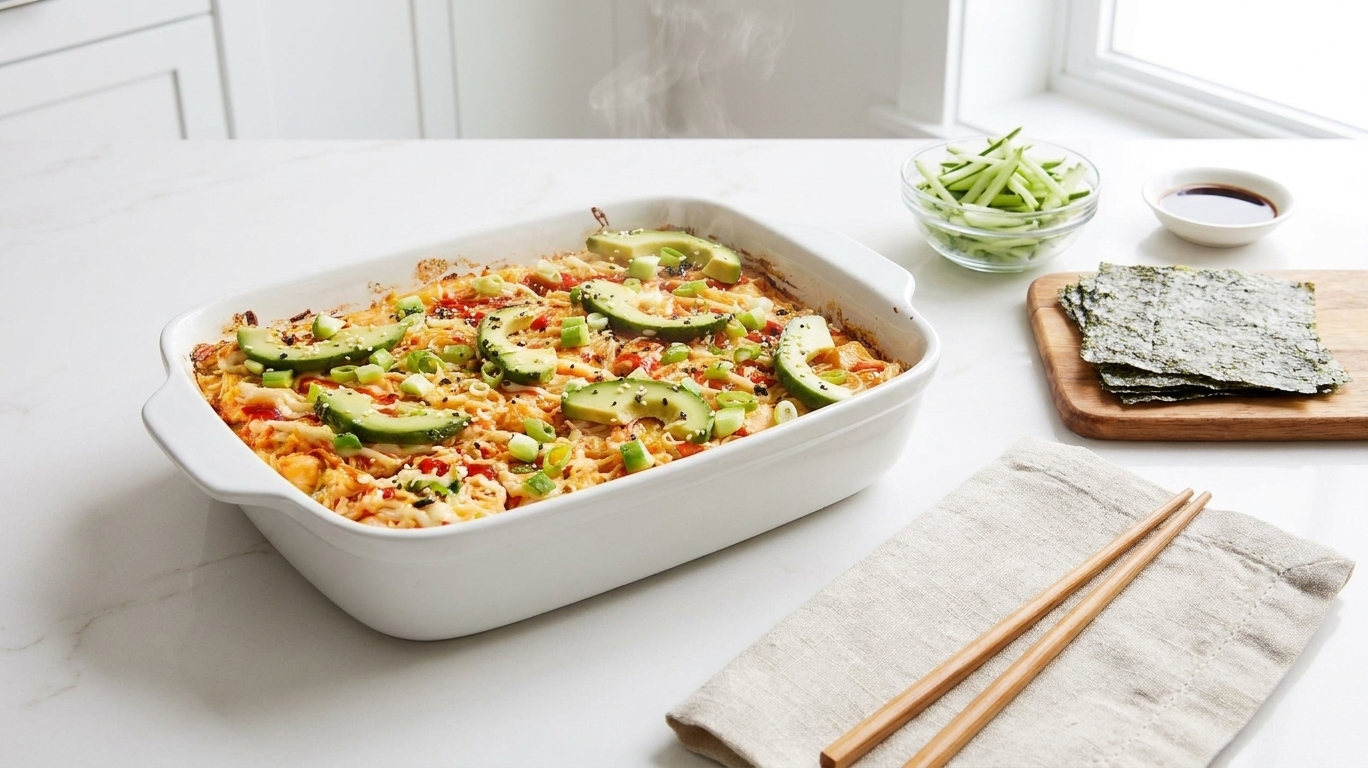 A bubbling spicy salmon baked sushi casserole in a white baking dish on a light kitchen counter with nori sheets and sliced cucumbers nearby