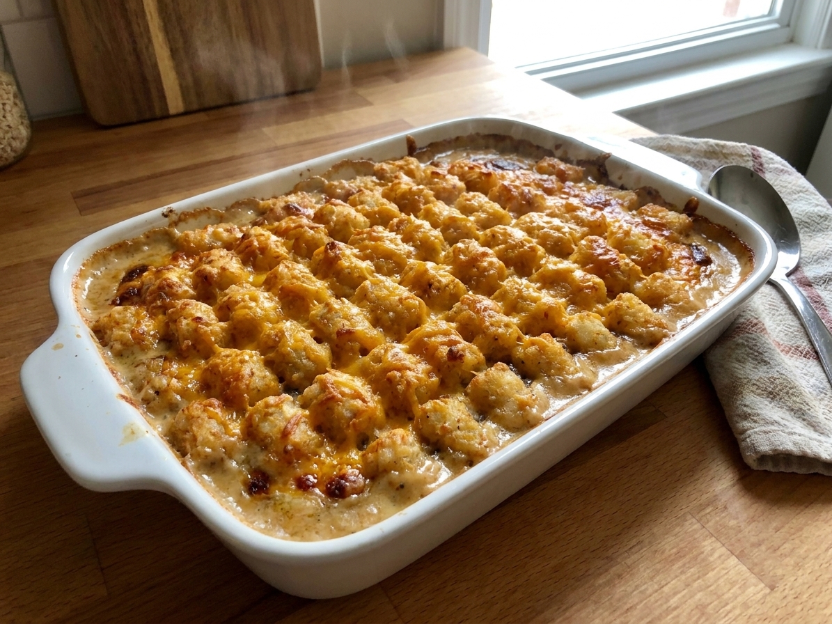 A bubbling tater tot casserole in a white baking dish with a deeply golden, crispy tater tot topping and melted cheddar, on a warm kitchen counter under soft natural light