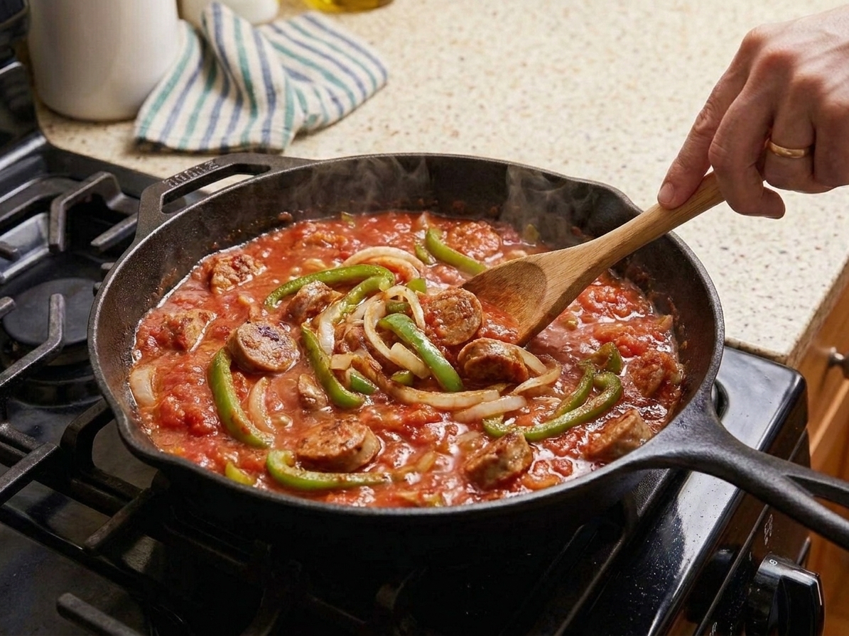 A bubbling tomato sauce in a skillet with sausage, green peppers, and onions simmering together