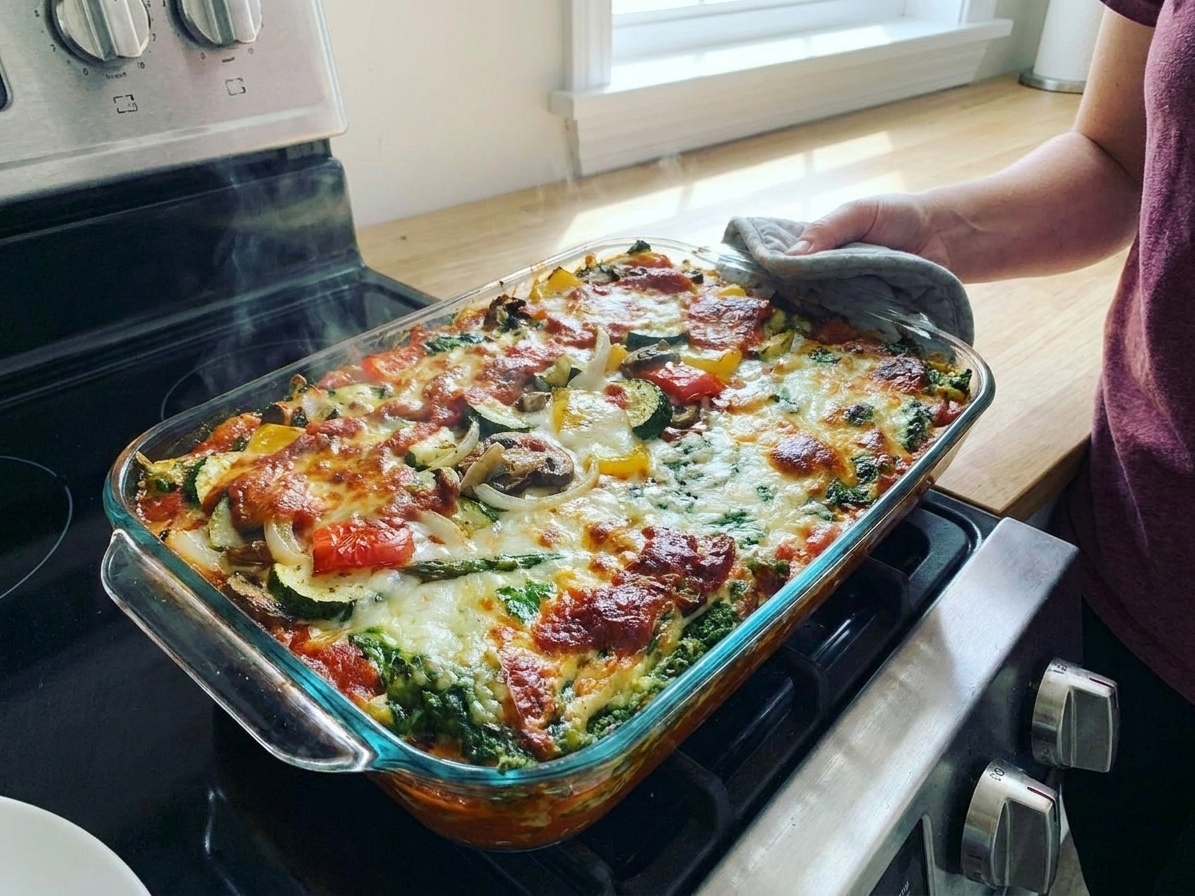 A bubbling vegetable lasagna in a baking dish with browned mozzarella on top, sitting on a stovetop