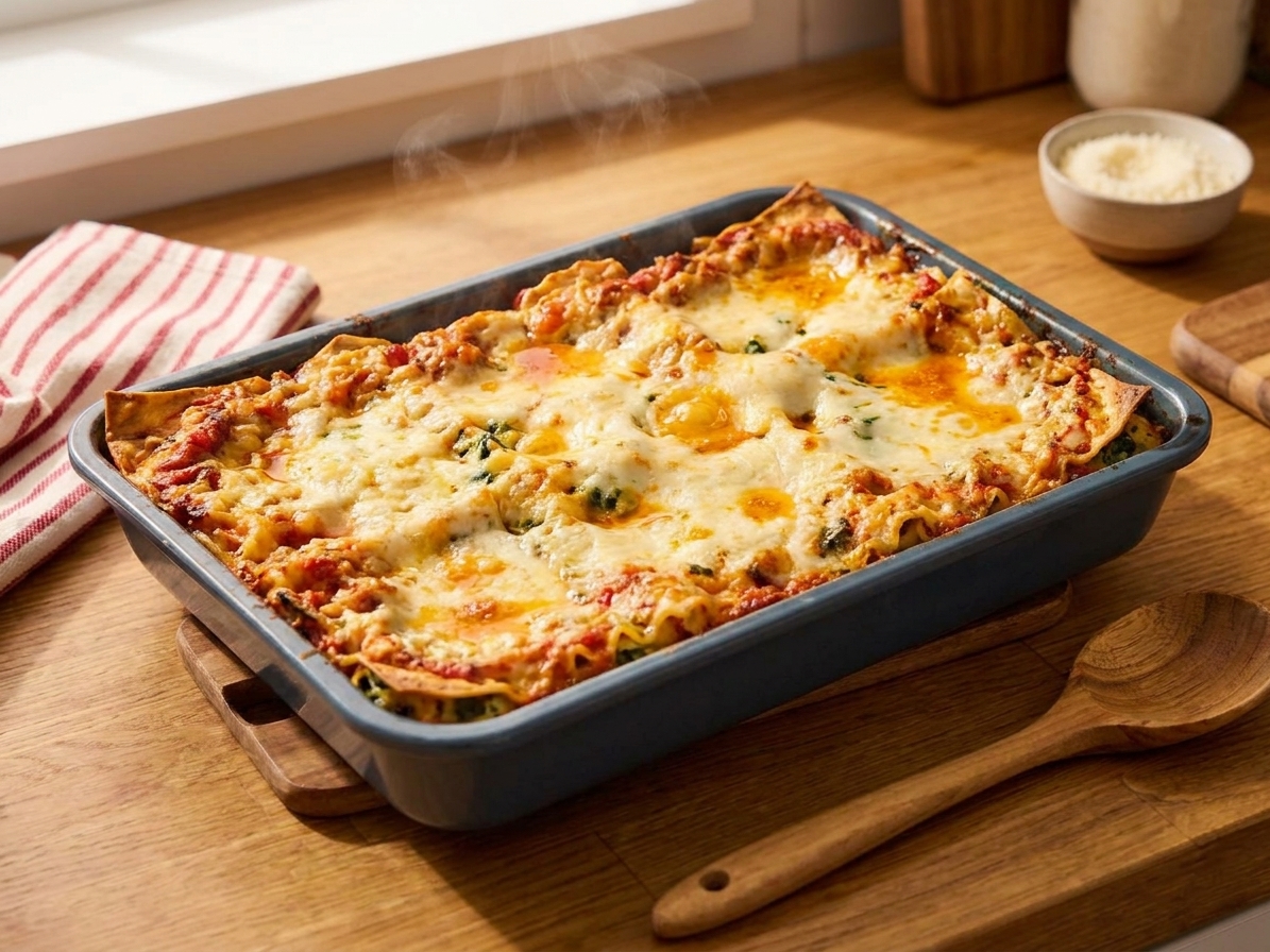 A bubbling veggie lasagna in a ceramic baking dish with browned cheesy edges and visible layers of pasta, vegetables, and sauce on a warm kitchen counter