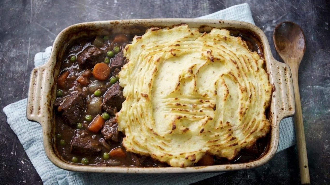 A bubbling venison casserole fresh from the oven with golden mashed potato ridges and rich filling visible at the edges