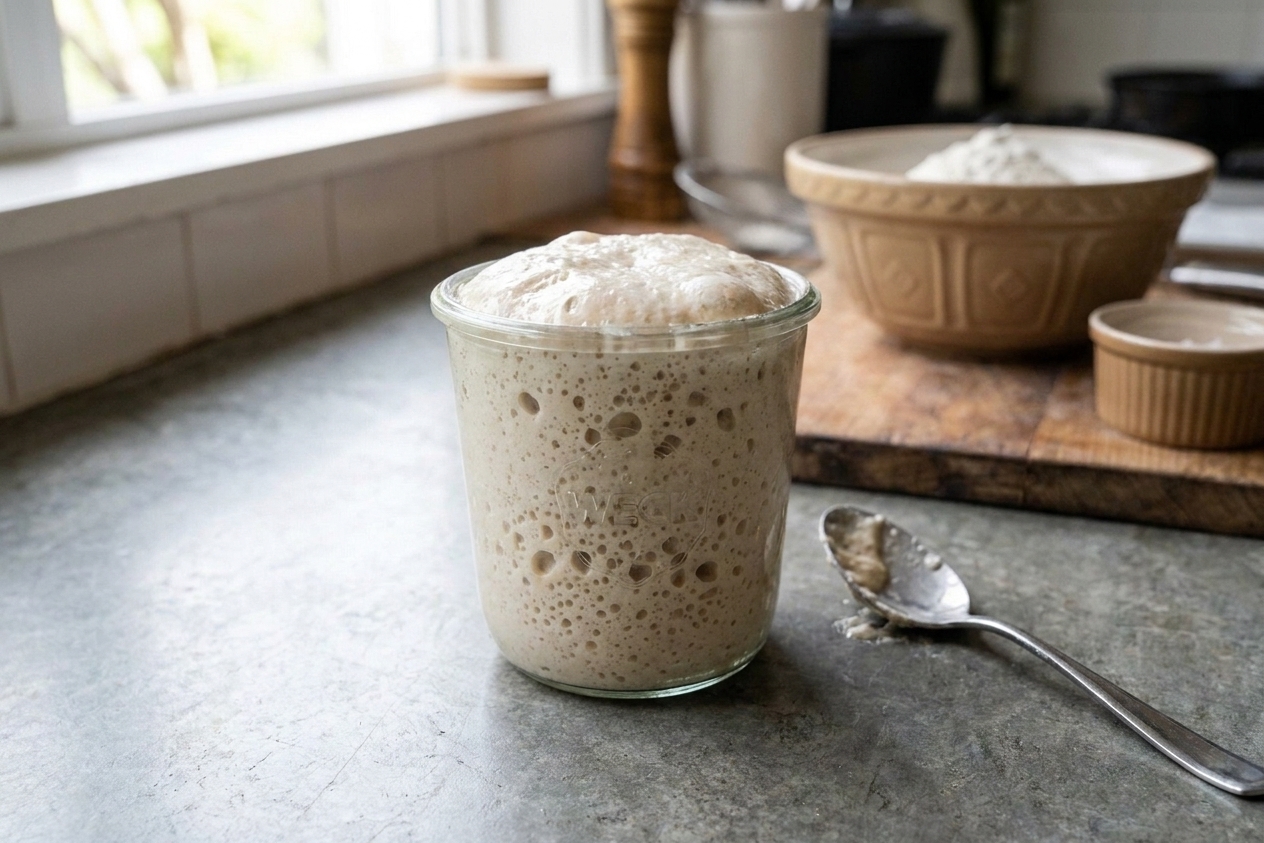 A bubbly, active sourdough starter in a glass jar on a kitchen counter with a spoon resting nearby
