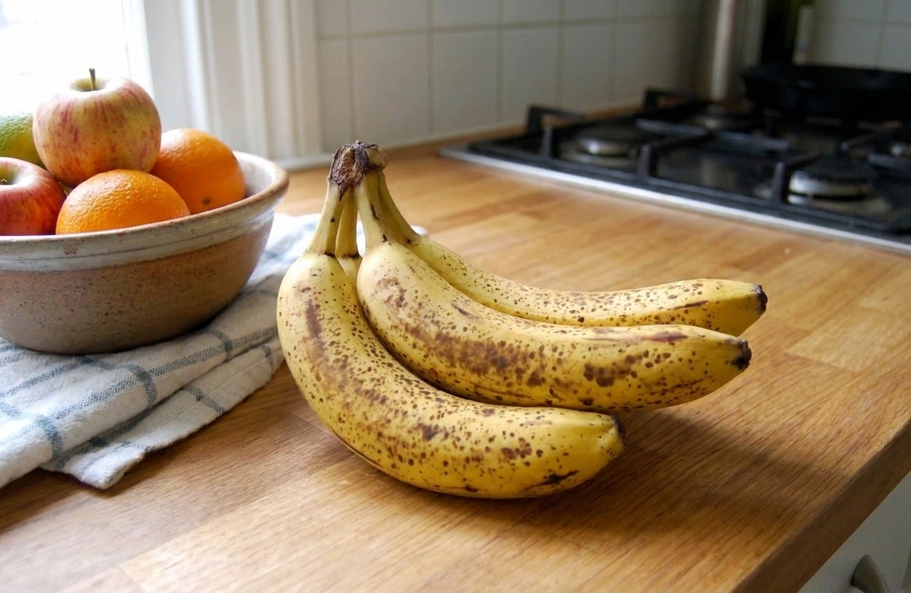 A bunch of bananas resting on a kitchen counter near a fruit bowl