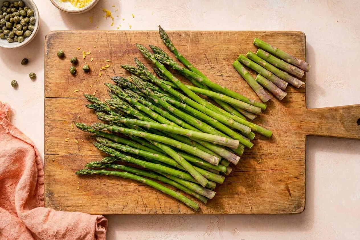A bunch of fresh asparagus on a wooden cutting board with the tough ends trimmed off, in a softly lit home kitchen