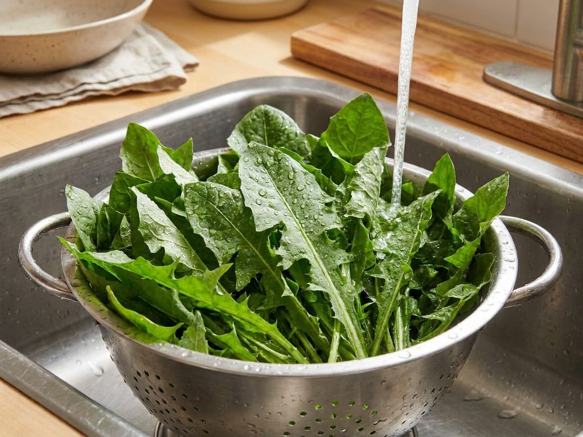 A bunch of fresh dandelion greens in a colander in a kitchen sink with water droplets on the leaves