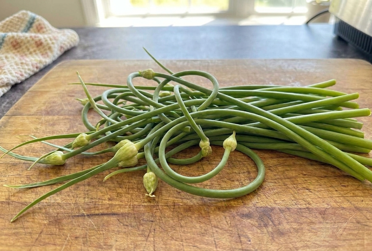 A bunch of fresh garlic scapes with curly green tops resting on a wooden cutting board on a bright kitchen counter