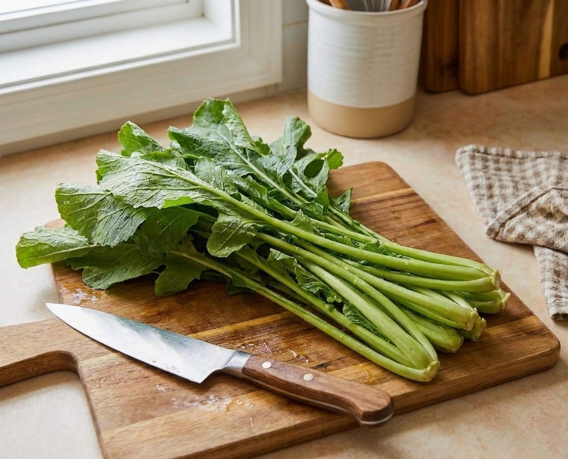 A bunch of fresh turnip greens with long stems on a kitchen counter next to a cutting board and a chef's knife
