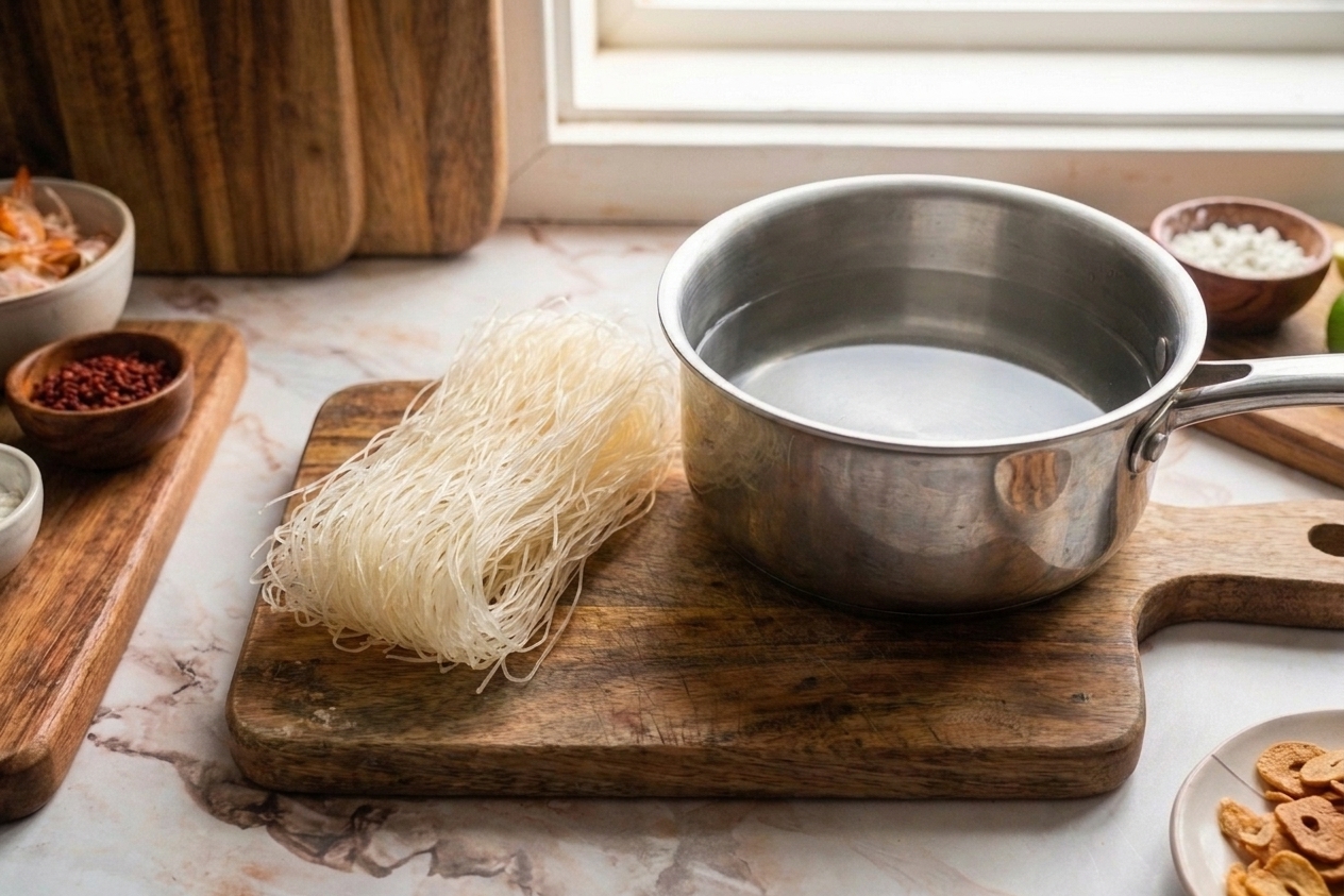 A bundle of dry bihon rice vermicelli noodles on a wooden cutting board beside a pot of water