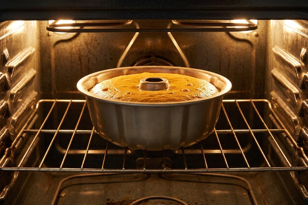 A bundt cake baking in an oven on the middle rack with warm oven light