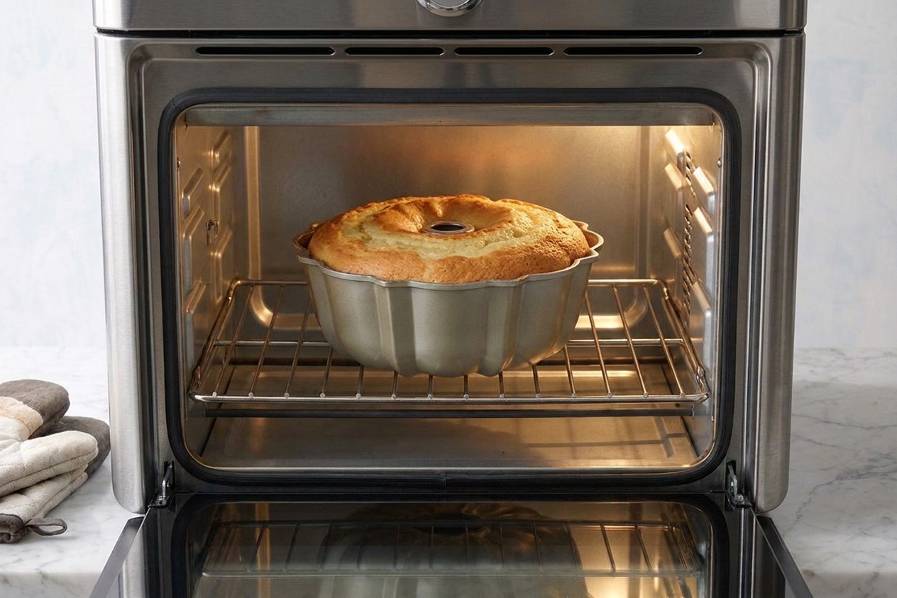 A bundt cake baking on the middle rack of an oven with the batter risen and golden around the edges