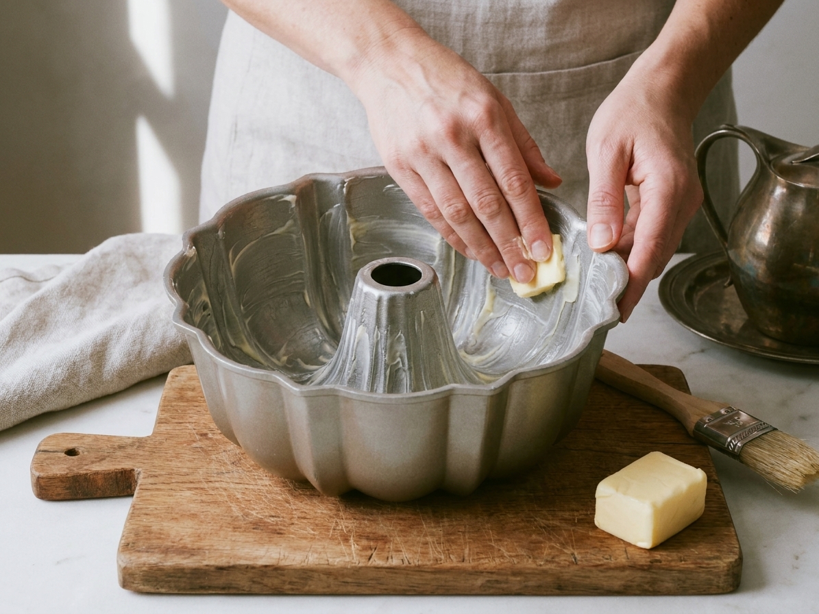 A bundt pan being greased carefully with butter, showing attention to the pan ridges