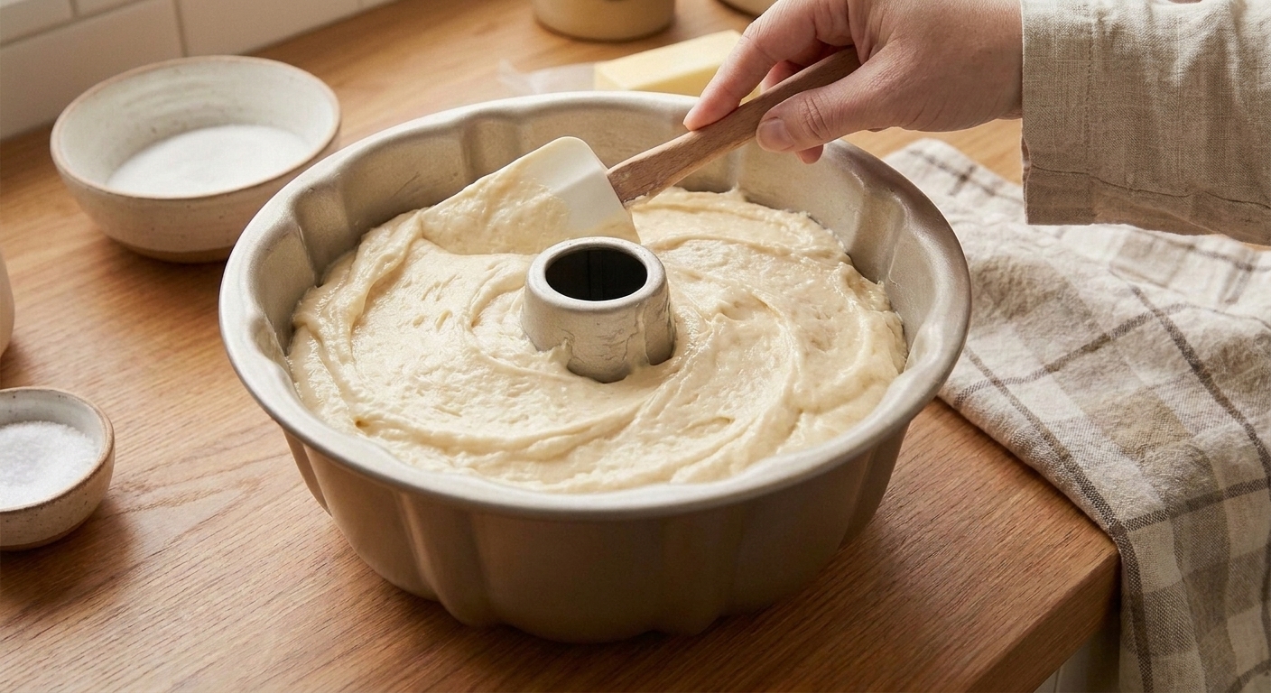 A bundt pan filled with thick cake batter, the surface smoothed with a spatula on a kitchen counter