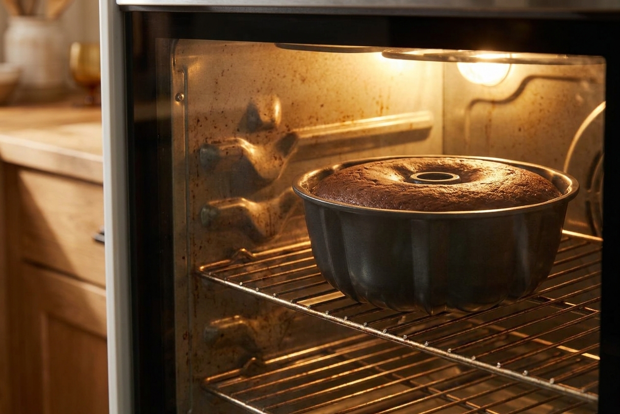 A bundt pan of chocolate cake baking on the middle rack of a home oven with the oven light on