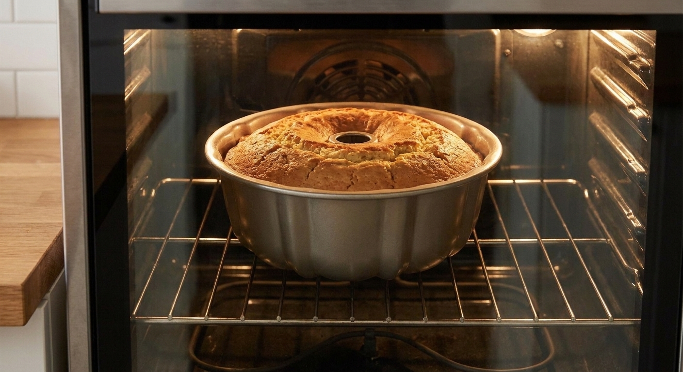 A bundt pan of pound cake baking on an oven rack with the cake risen and golden