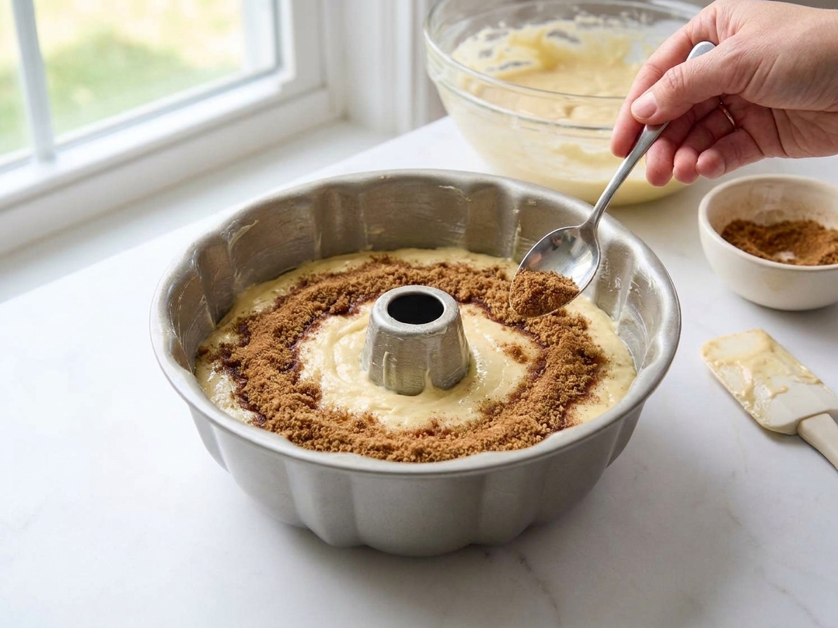A bundt pan on a counter with cake batter spread in the bottom and a layer of brown sugar cinnamon mixture sprinkled in a ring