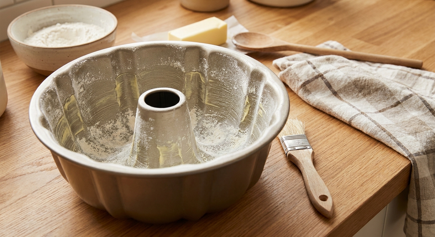 A bundt pan on a kitchen counter coated with butter and a light dusting of flour, ready for cake batter