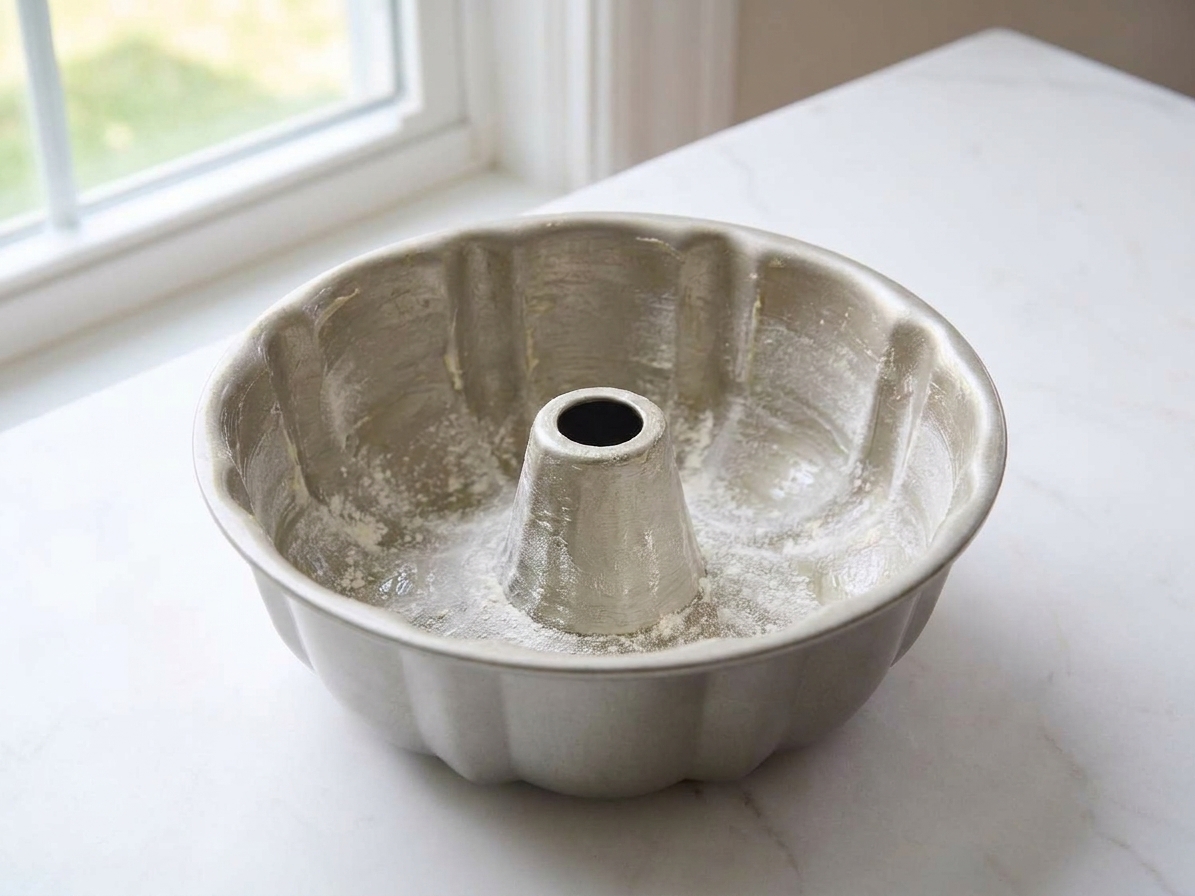 A bundt pan on a kitchen counter evenly greased and dusted with flour, showing a light coating in the ridges
