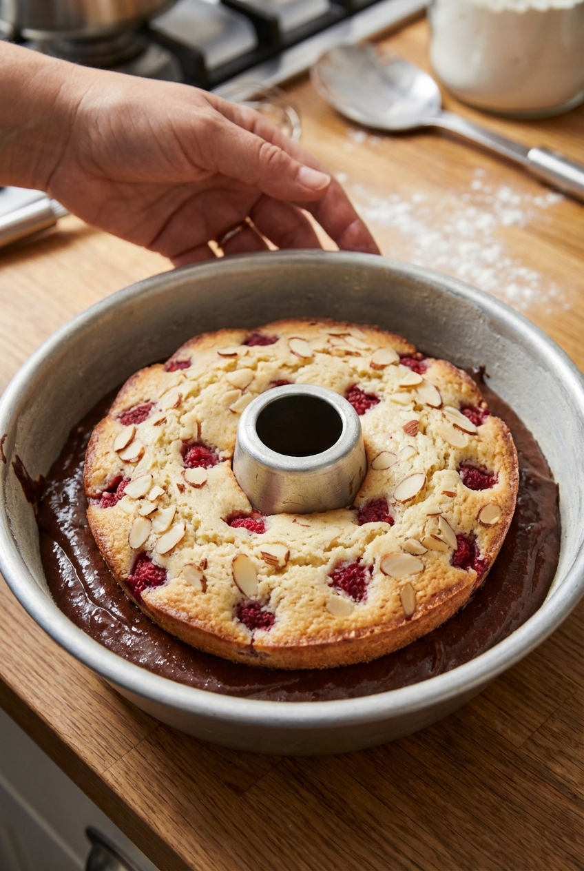 A bundt pan partially filled with chocolate batter with a raspberry almond cake ring placed in the center
