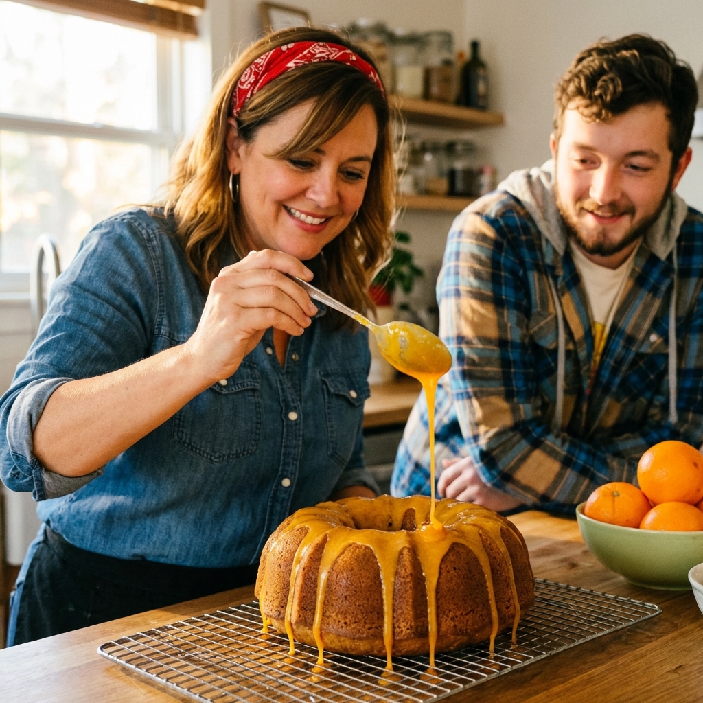 A bundt spice cake on a wire rack as orange glaze is poured from a spoon over the top, captured mid-drip in natural light