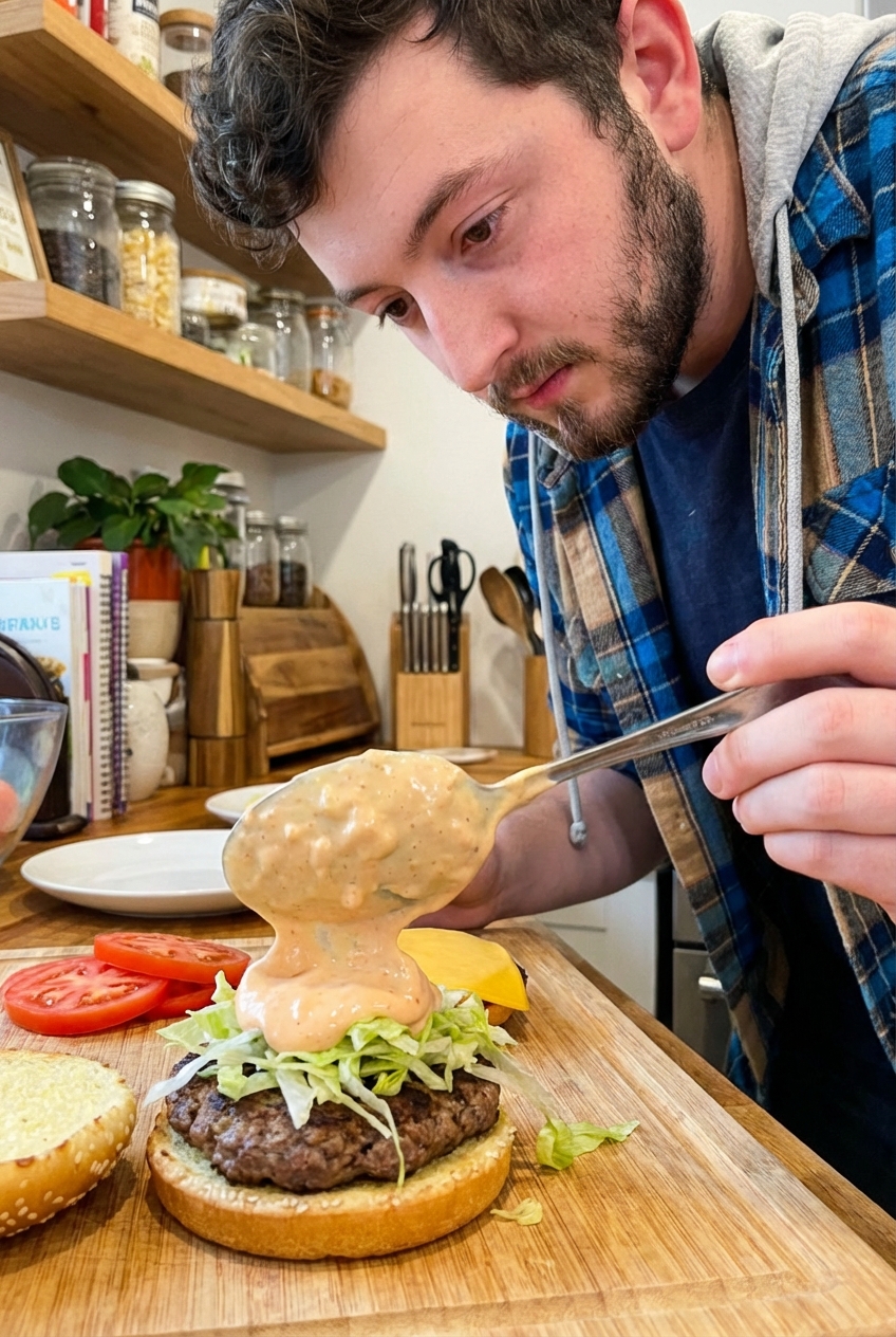 A burger being assembled with lettuce and a generous spoonful of creamy Big Mac style sauce