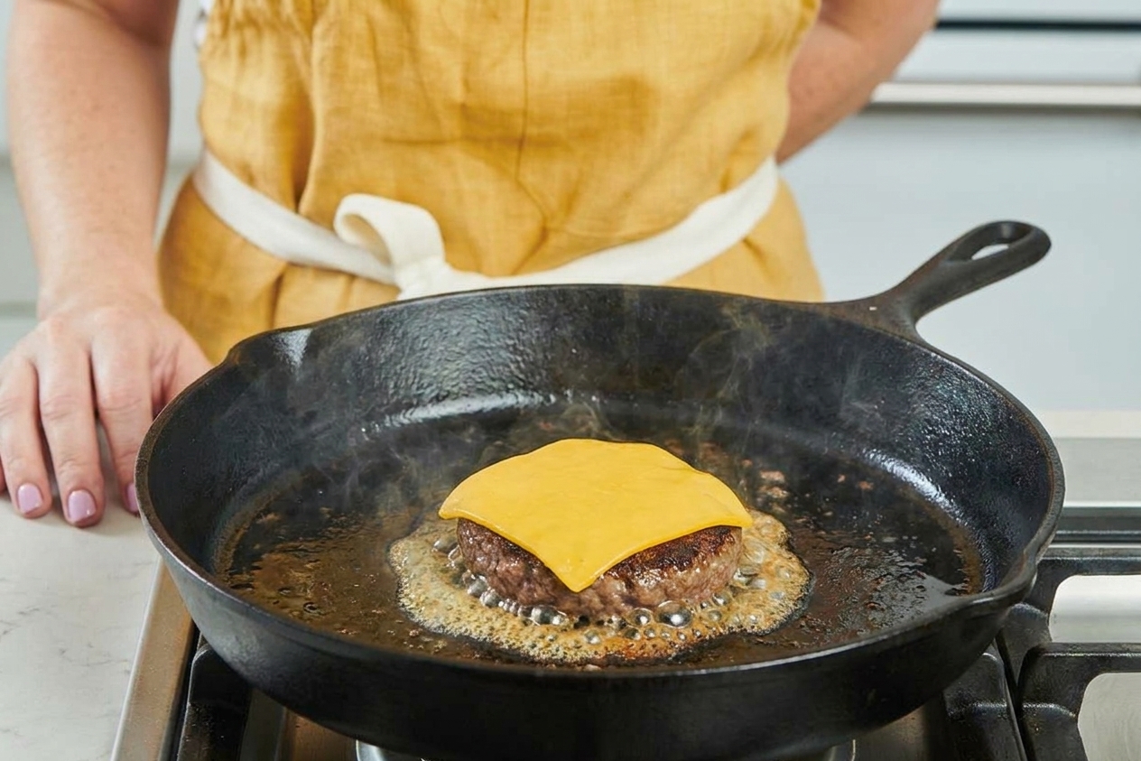 A burger patty in a skillet topped with a slice of cheese melting and bubbling at the edges