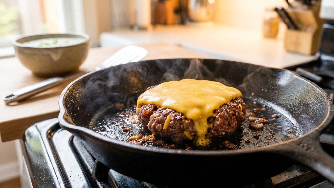 A burger patty in a skillet with cheddar melting on top, edges browned and crispy