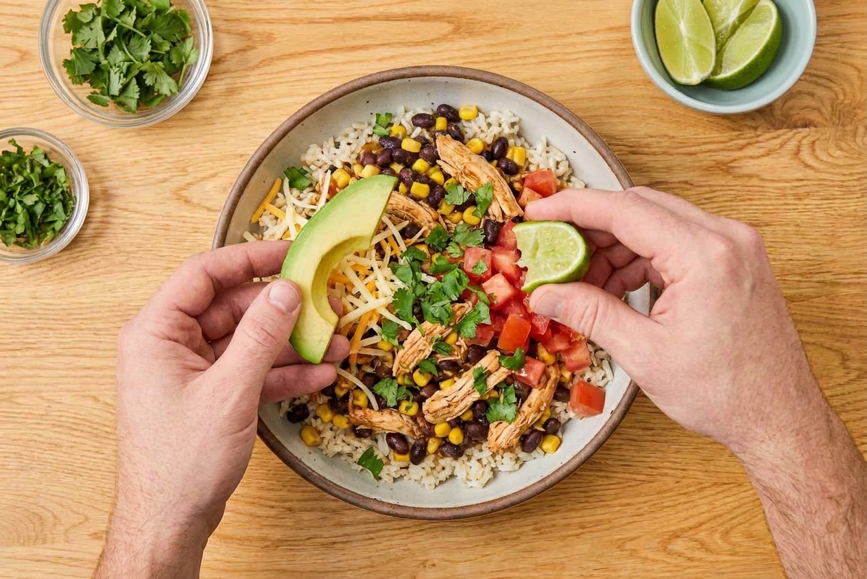 A burrito bowl being topped with avocado slices, cilantro, and a squeeze of lime on a wooden table
