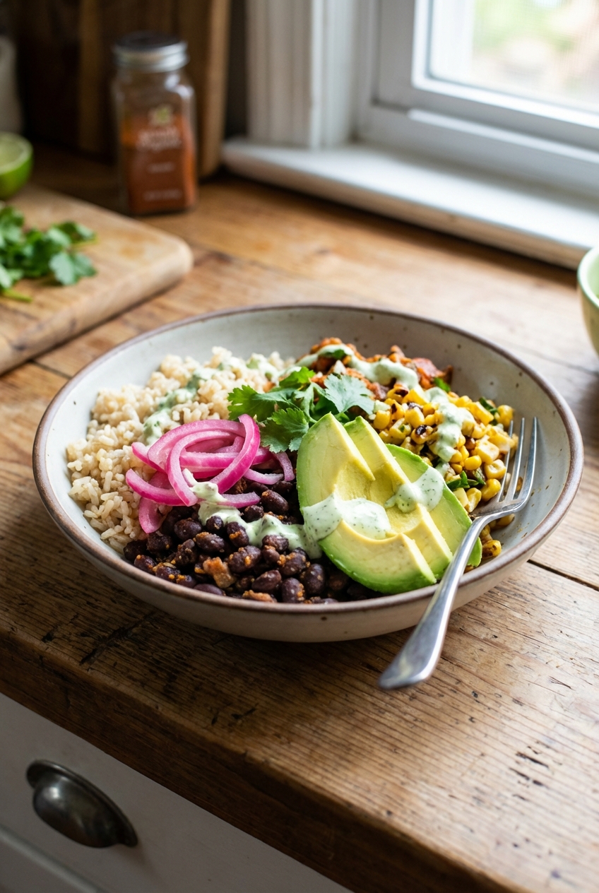 A burrito bowl with rice, beans, avocado, and pickled onions